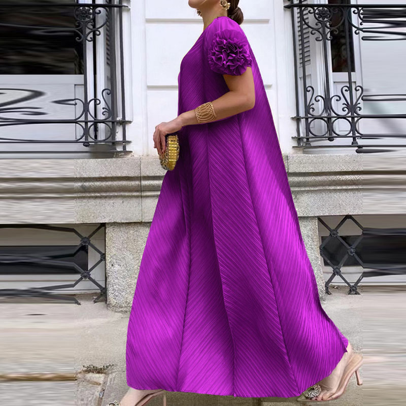 Women Casual Flower Short Sleeved Commuting Dress 2024 New O Neck High Waist Pleated Party Dress Fashion Multi-color Loose Dress