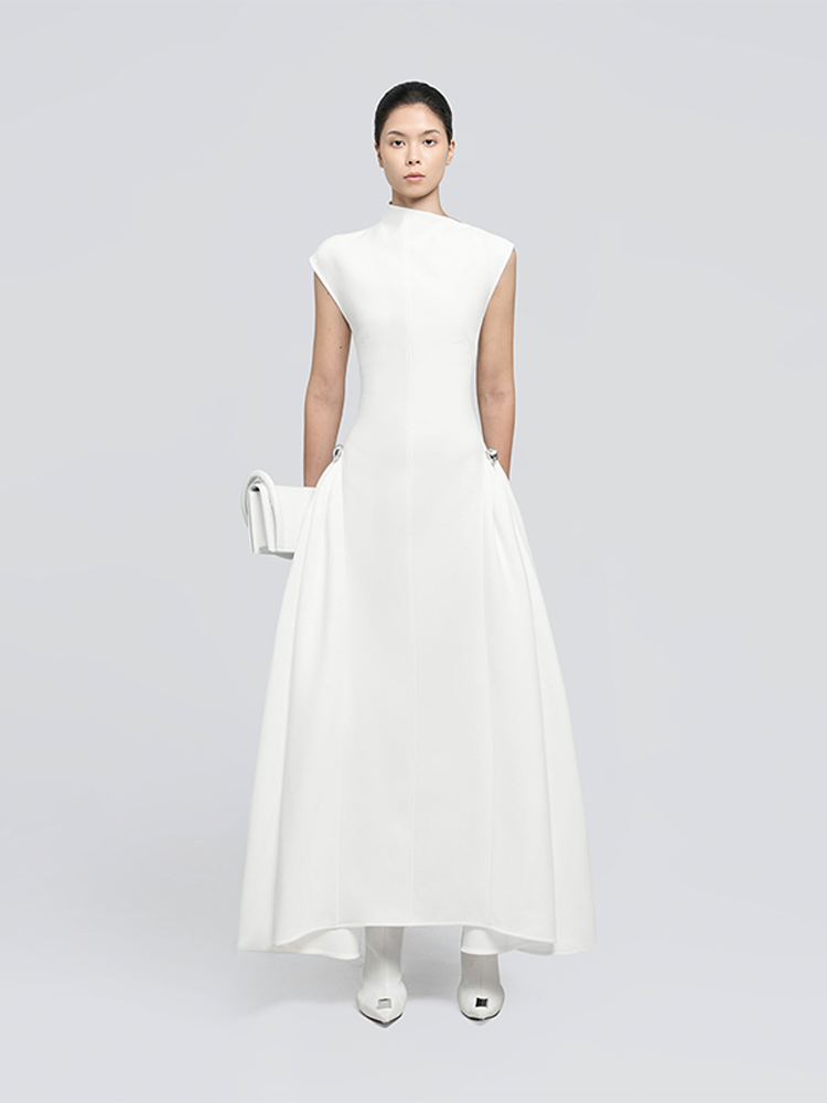Elegant Solid Diagonal Collar Long Dress Women Fashion Slim Shoulder Sleeves Big Hem Maxi Dresses Summer Chic Lady Party Robes