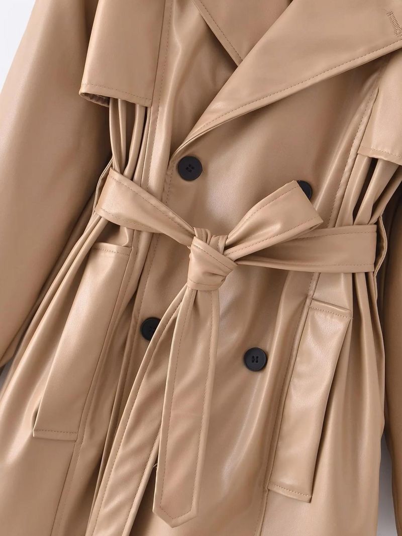 Suninheart Women Fashion with Belt Faux Leather Trench Coat 2023 Summer Vintage Long Sleeve Front Pockets Female Outerwear Chic
