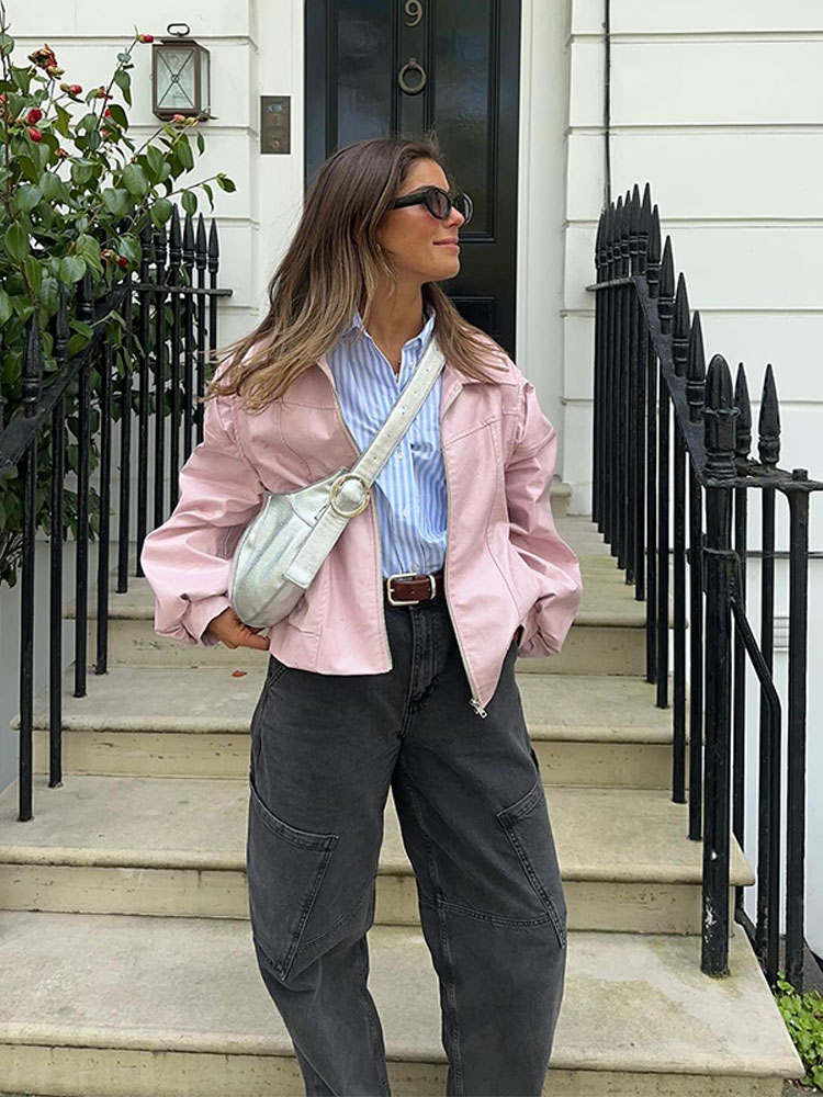2024 Autumn Pink Leather Lapel Zipper Jackets Women's Long Sleeved Pocket Pink Jackets Lady New Winter Street Outerwears Jacket