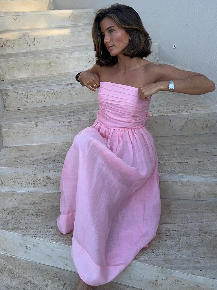 Summer Women Pink Mesh Strapless Dress Elegant Slim Off Shoulder Sleeveless Robes 2024 New Sexy Female High Street Dresses