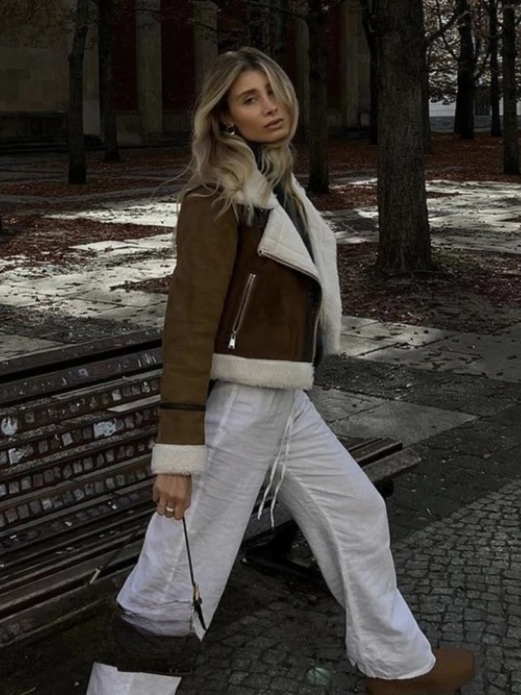 Suninheart Lamb Fur Faux Leather Women Long Sleeved Zippers Pockets Sheepskin Jackets Autumn Winter Fashion Loose Warm Coats