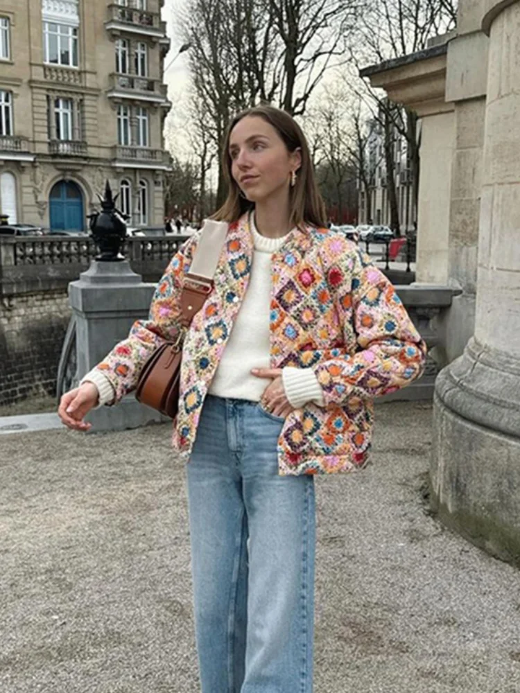 Autumn winter floral Printed Patchwork Women Cotton Jackets Warm Stand Collar Long Sleeve Single Breasted Coats Lady Streetwear