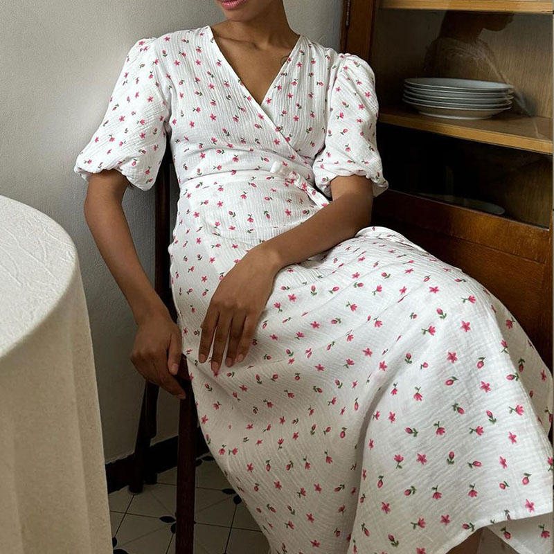 New Summer Floral Print Waist A-line Dress Sexy Women's V-neck Lace Up Beach Dress 2024 Fashion Puff Sleeve Slim Fit Long Dress