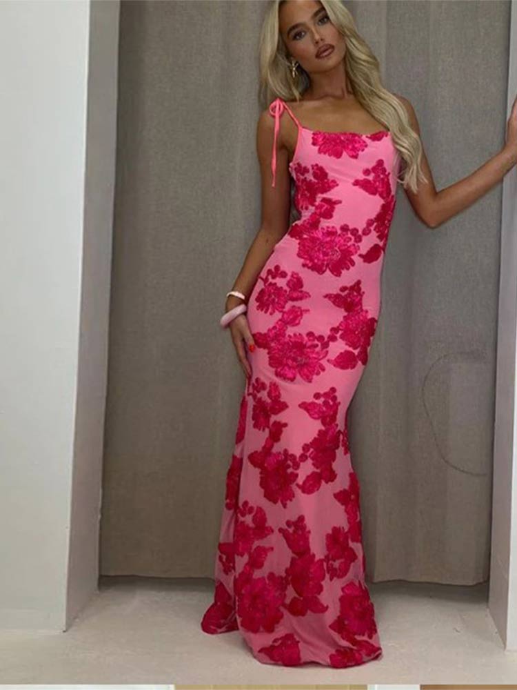 Sexy Rose Red Backless Sling Long Dress Women High Waist Printed Sleeveless Wrap Hips Bodycon Vestidos Fashion Vacation Dresses