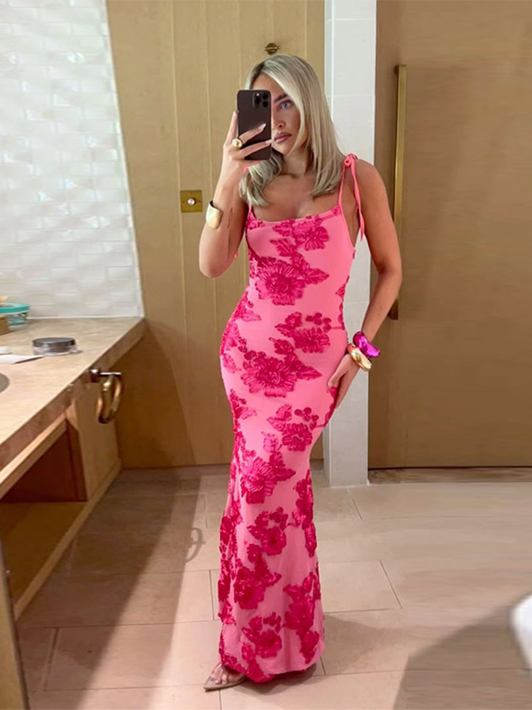 Sexy Rose Red Backless Sling Long Dress Women High Waist Printed Sleeveless Wrap Hips Bodycon Vestidos Fashion Vacation Dresses
