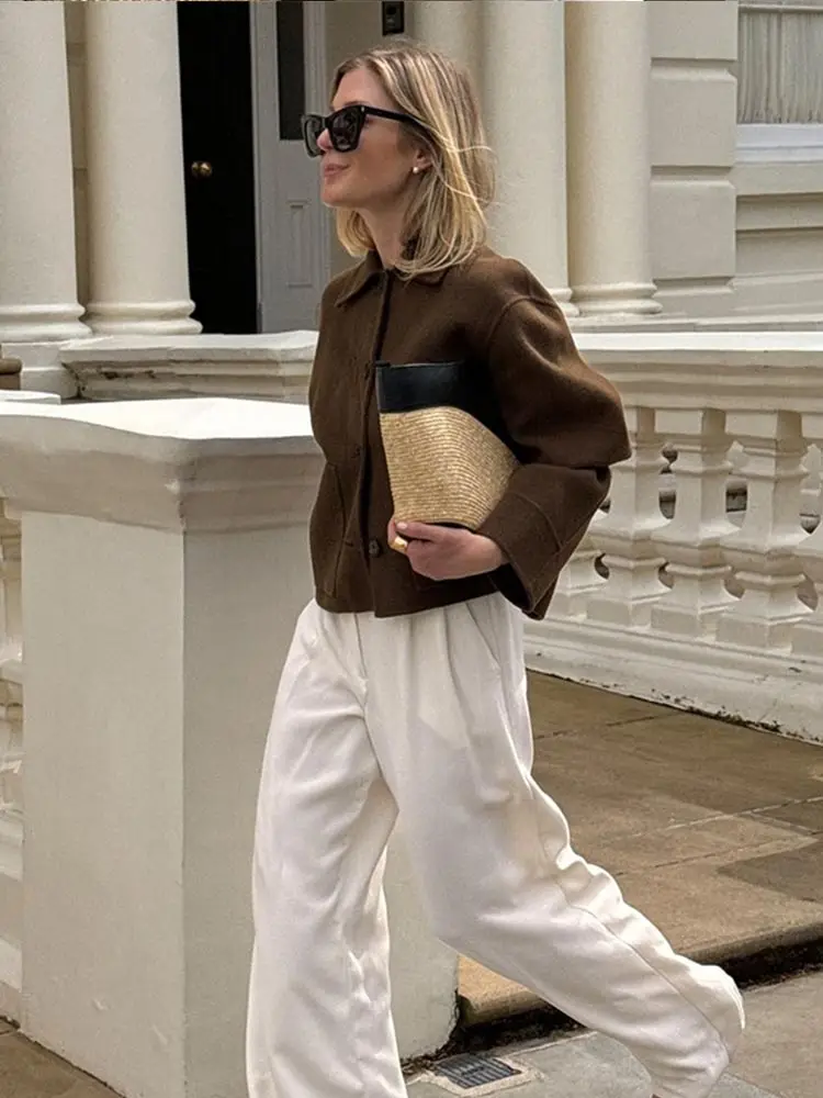 Autumn Cropped Green Wool Blends Elegant Lapel With Pocket Jacket Women Long Sleeves Button Short Coat 2024 Female Outerwear