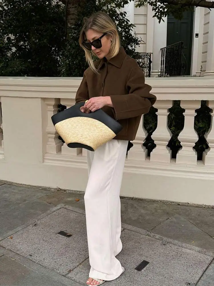 Autumn Cropped Green Wool Blends Elegant Lapel With Pocket Jacket Women Long Sleeves Button Short Coat 2024 Female Outerwear
