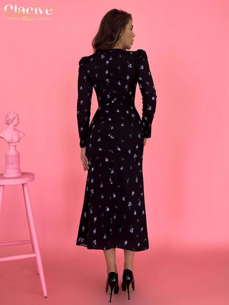 Clacive Fashion Slim Print Womens Dresses Elegant Square Collar Long Sleeve Ankle Length Dress Casual High Waist Female Dress
