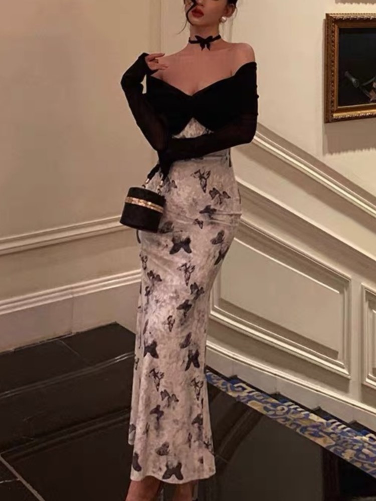 Elegant Velvet Patchwork Midi Dress Women Autumn Winter V-neck Long Sleeve Butterfly Print Knitted Dress Party Female Robe New
