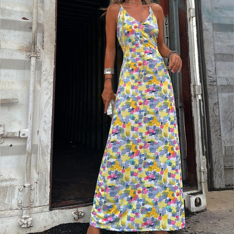 Summer Floral Print Hollow Out Sleeveless Dress Casual Vacation V Neck Women's Long Dress Elegant High Waist Suspenders Dresses