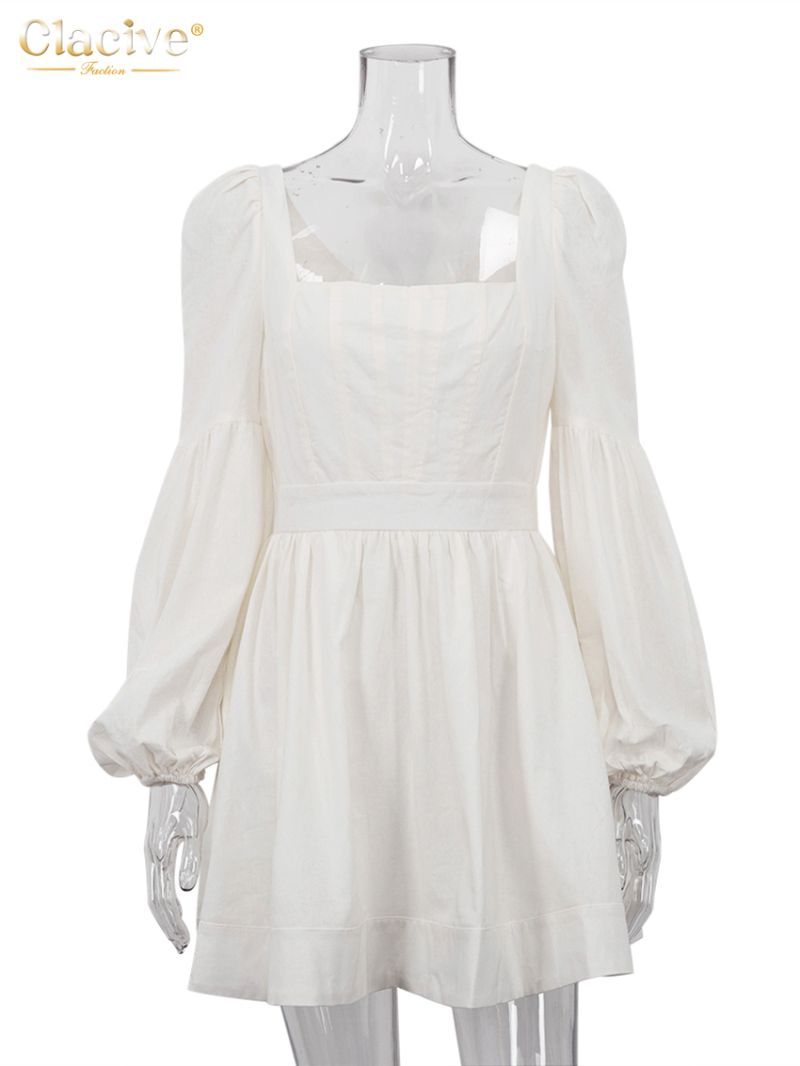 Clacive Sexy Slim White Cotton Dress Lady Fashion Sqaure Collar Puff Sleeve Mini Dress Elegant High Waist Dresses For Women 2024