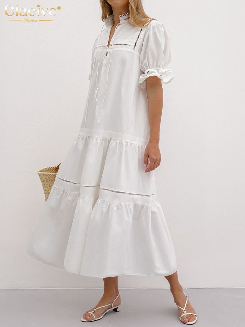 Clacive Summer Loose White Cotton Women Dress 2024 Fashion Stand Collar Short Sleeve Midi Dresses Elegant Classic Female Dress