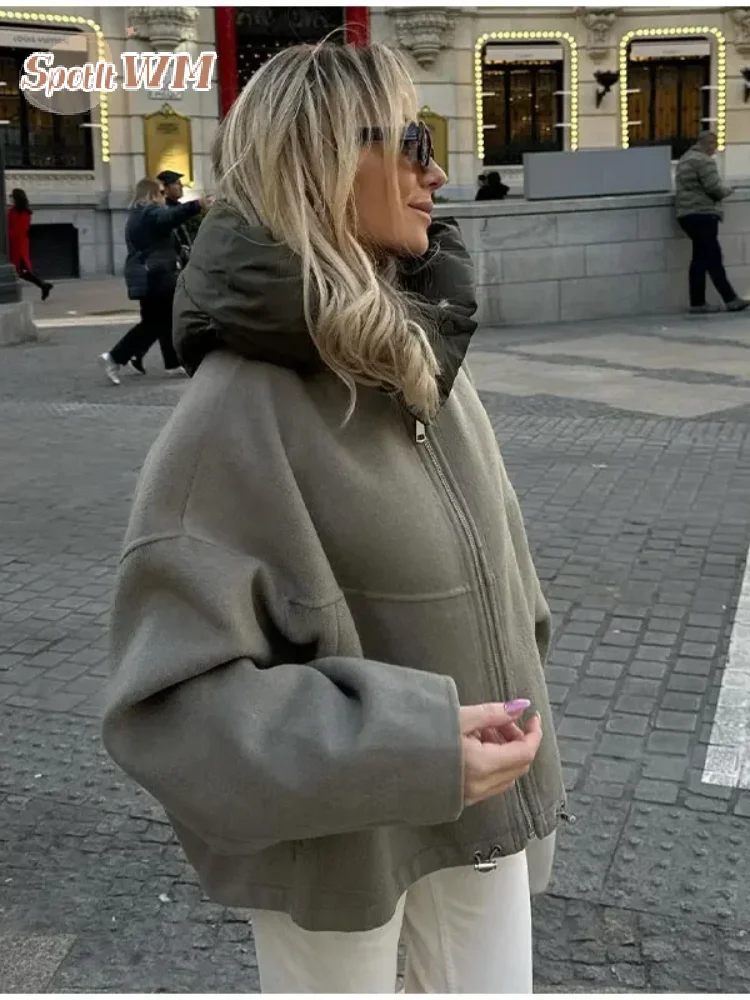 Autumn Winter Green 2024 Fashion Patchwork Hooded Jacket Women Casual Loose Zipper Long Sleeved Warm Coats Female Streetwear