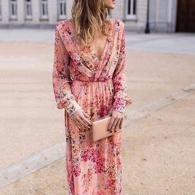 Pink Floral Print High Waist Maxi Dress Elegant Deep V Waist Pleated Party Dress Women's Casual Long Sleeved Loose Dress Vestido