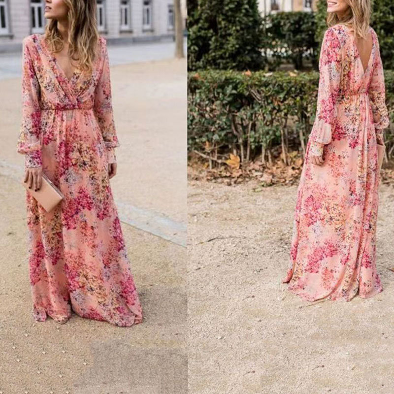 Pink Floral Print High Waist Maxi Dress Elegant Deep V Waist Pleated Party Dress Women's Casual Long Sleeved Loose Dress Vestido