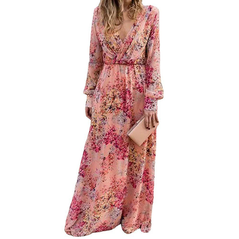 Pink Floral Print High Waist Maxi Dress Elegant Deep V Waist Pleated Party Dress Women's Casual Long Sleeved Loose Dress Vestido