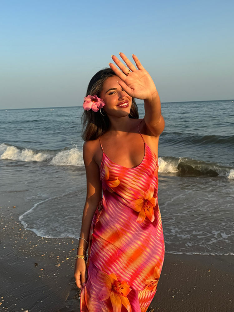 Women Flower Printed Slim Sling Dress Elegant Backless Lace-up Side Split High Waist Long Dresses Summer Lady Vacation Robes