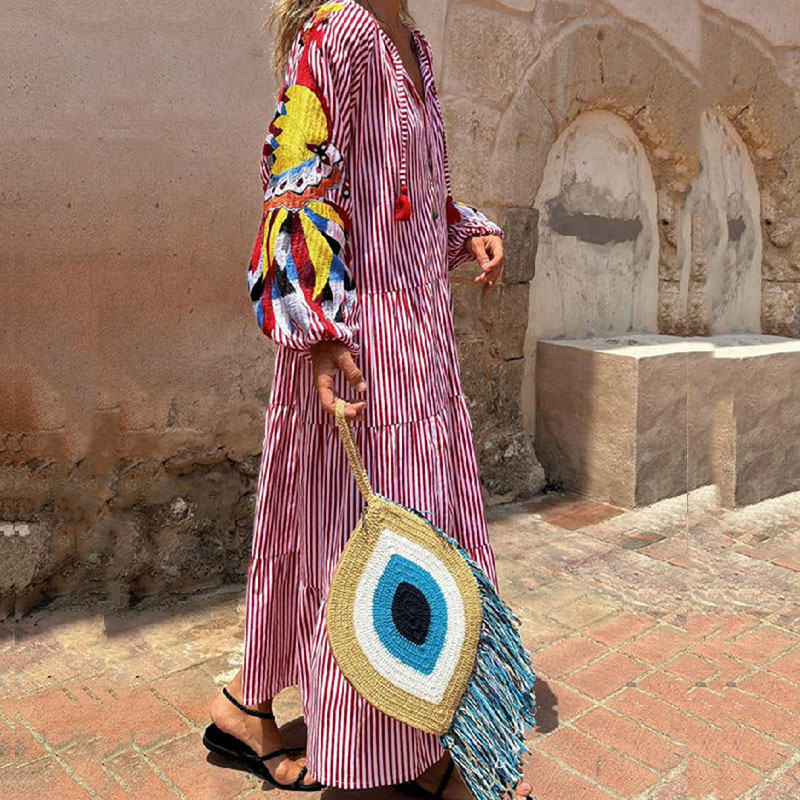New Pattern Printed Loose Long Dress Fashion V-neck Lantern Sleeves Bohemian Dress Female Casual Pleated Holiday Dress Vestidos