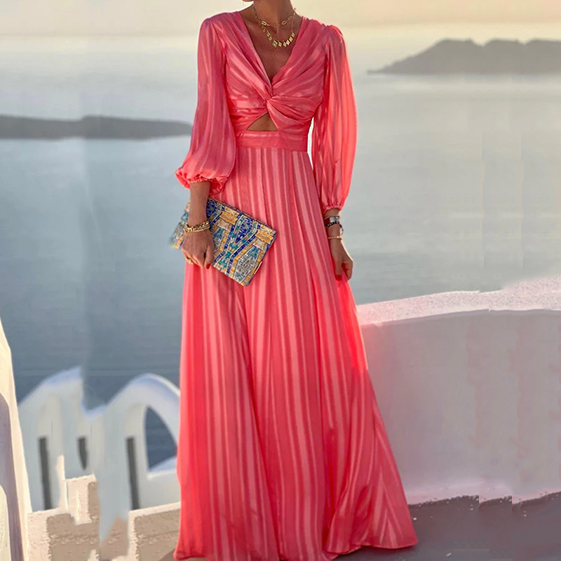 Elegant Long Sleeve V Neck Pleated Long Dress Women Sexy Bell Sleeve Deep V Hollow Slit Dress Ladies Fashion Solid Loose Dresses