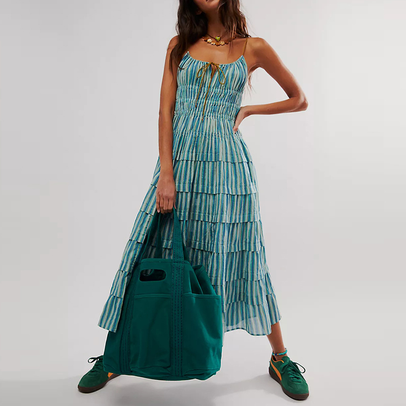 Women's Slash Neck High Waist Long Dress Casual Stripe Pleated Bohemian Dress Fashion Spaghetti Strap Holiday Dresses Vestidos