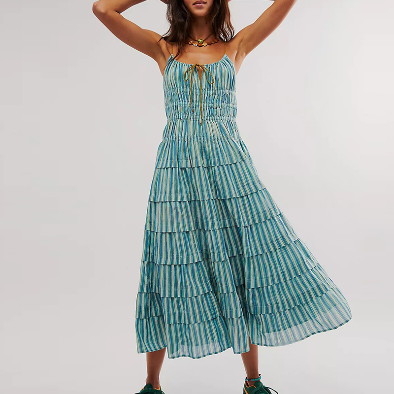Women's Slash Neck High Waist Long Dress Casual Stripe Pleated Bohemian Dress Fashion Spaghetti Strap Holiday Dresses Vestidos