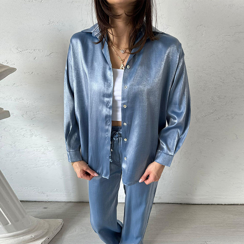 Ladies Lapel Button Shirt and Pants Suits Spring Autumn Long Sleeved Shiny Silk 2pc Sets Fashion High Waisted Commuting Outfits