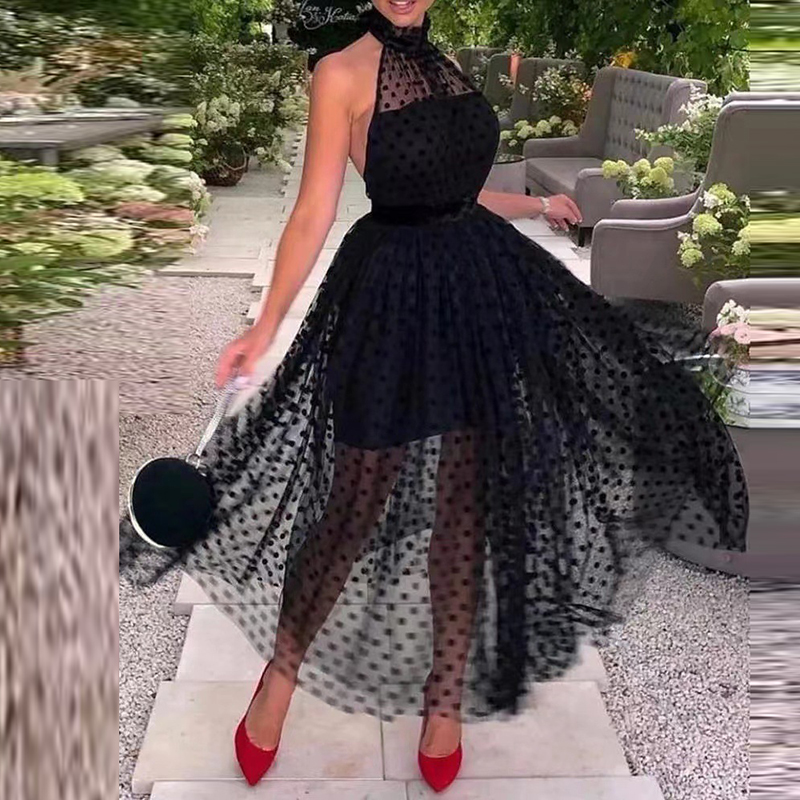Fashion Ladies Halter Hollow Lace Up Long Dress Elegant Jacquard Mesh Solid Banquet Dress New Sexy Backless Hollow Pleated Dress