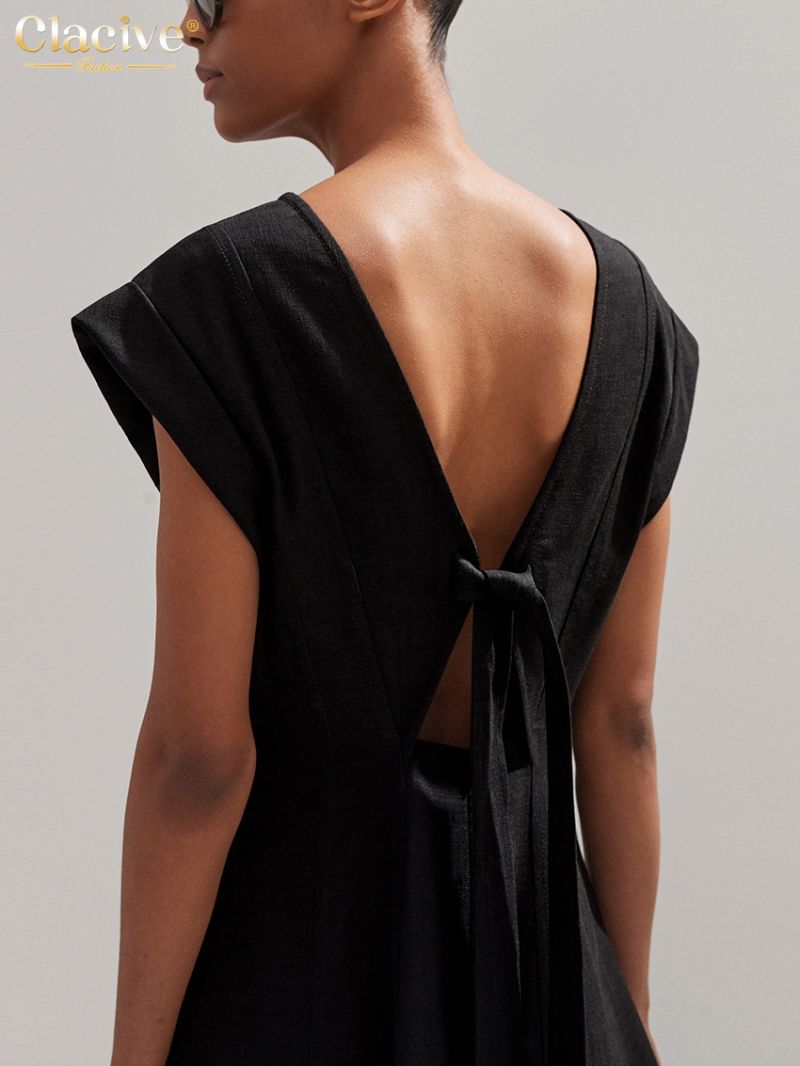 Clacive Summer Loose Black Linen Women's Dress 2024 Fashion V-Neck Sleeveless Midi Dresses Elegant High Waist Female Dress