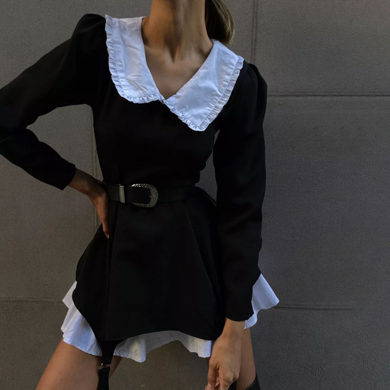 Fashion Color Blocked Waist Party Dress Casual Design Fake Two Piece Dress New Elegant Peter Pan Collar Long Sleeve A-line Dress
