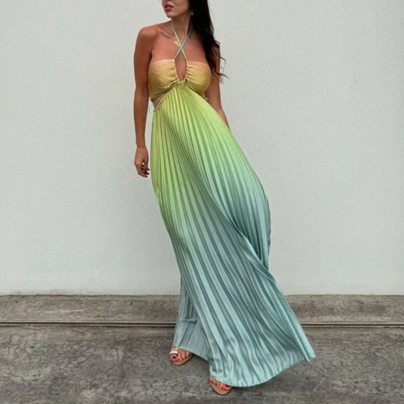 Summer Hollow Halter Pleated Holiday Dress Casual Gradient Print High Waist Party Long Dress Female Sleeveless Slim Beach Dress
