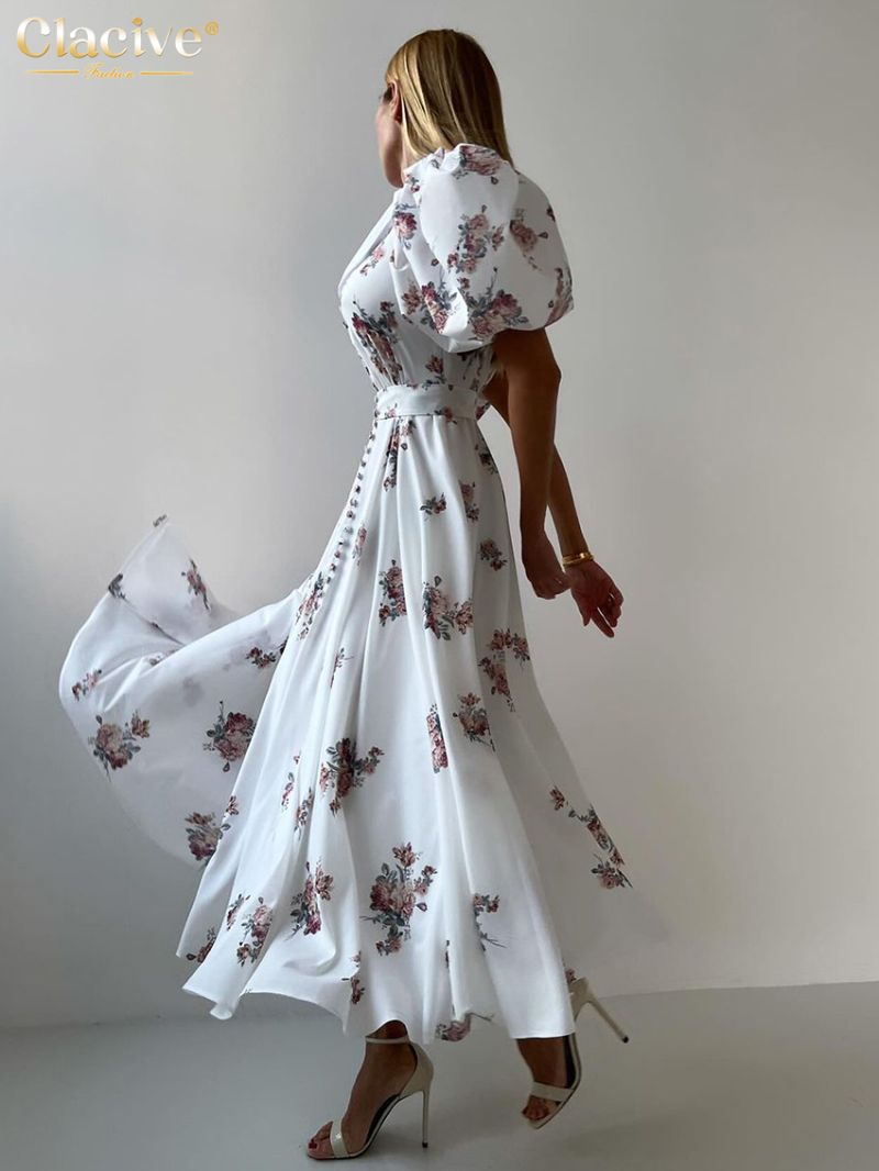 Clacive Summer Loose Print Women's Dress Casual Lapel Short Sleeve Ankle Length Dresses Elegant Classic High Waist Female Dress