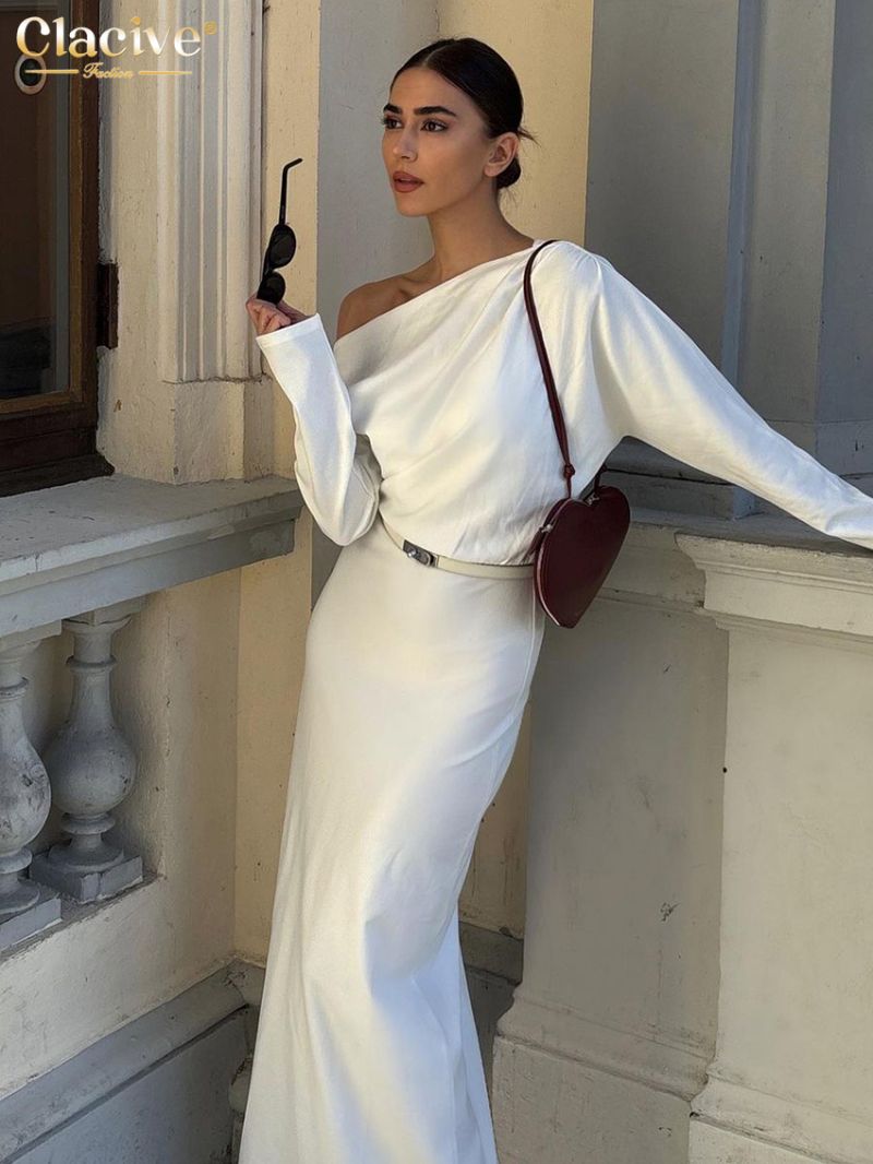 Clacive Fashion Loose White Satin Women's Dress 2024 Sexy Diagonal Collar Long Sleeve Dresses Elegant Classic Solid Female Dress