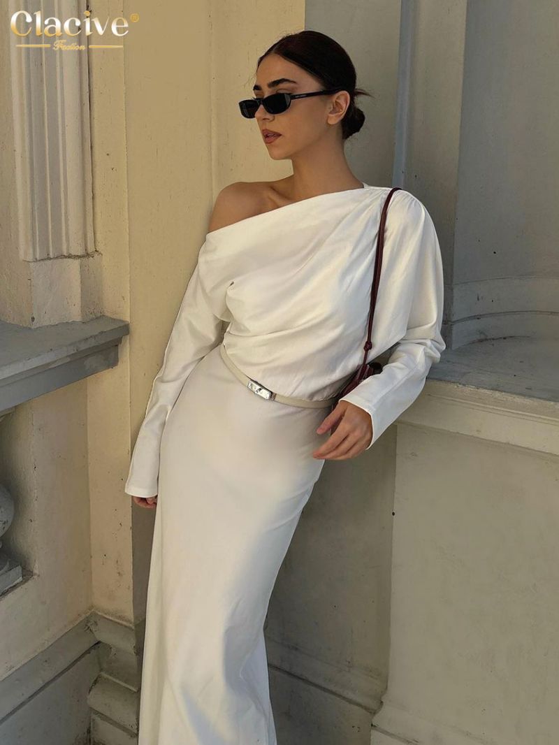 Clacive Fashion Loose White Satin Women's Dress 2024 Sexy Diagonal Collar Long Sleeve Dresses Elegant Classic Solid Female Dress