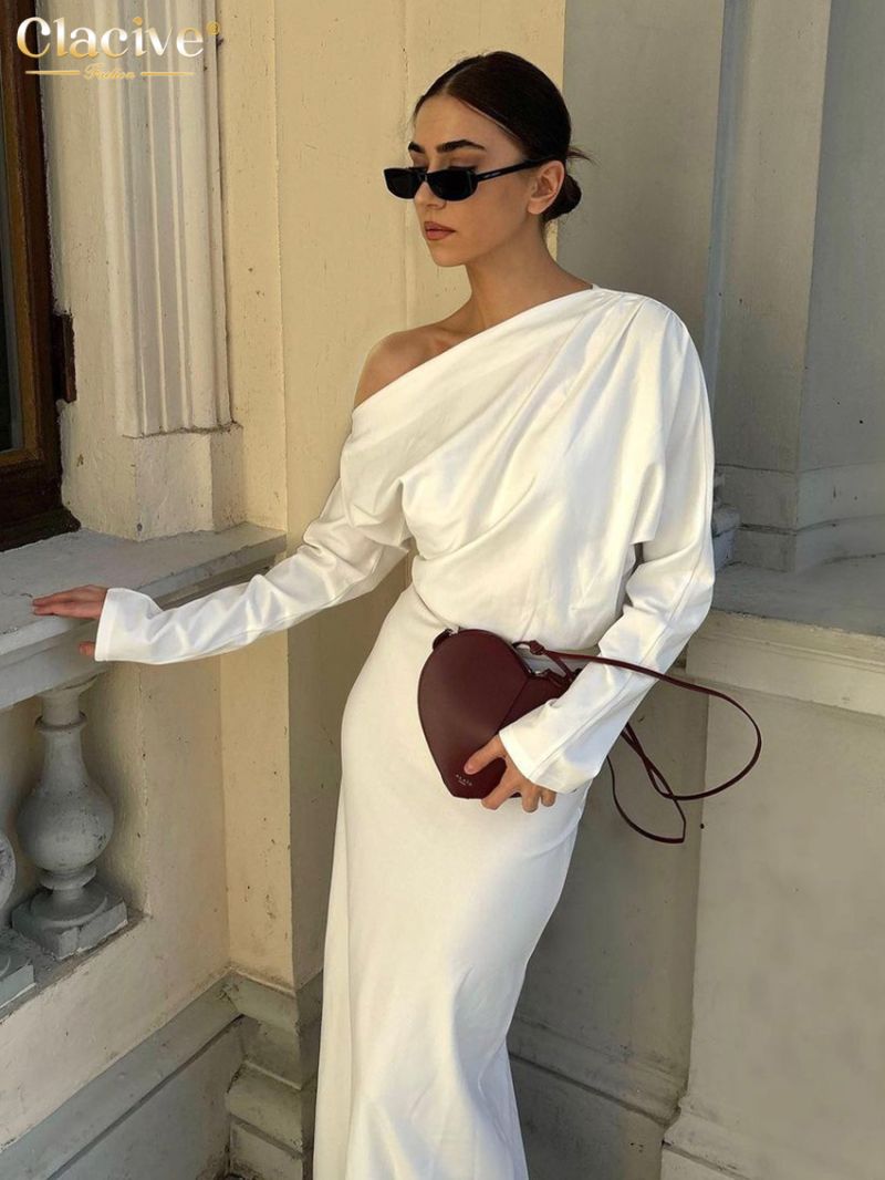 Clacive Fashion Loose White Satin Women's Dress 2024 Sexy Diagonal Collar Long Sleeve Dresses Elegant Classic Solid Female Dress