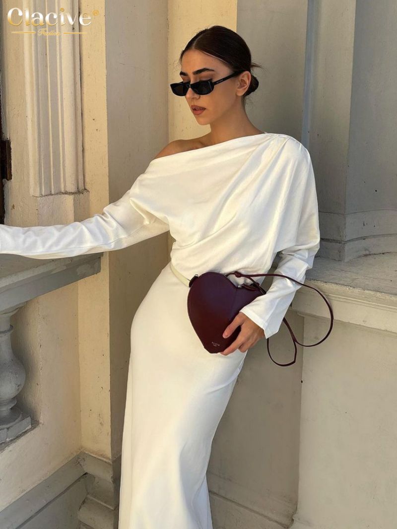 Clacive Fashion Loose White Satin Women's Dress 2024 Sexy Diagonal Collar Long Sleeve Dresses Elegant Classic Solid Female Dress