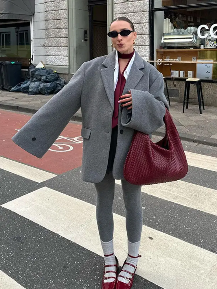 Women's Overtised Woolen Lapel Blazer Coat Female Long Sleeves Pocket Loose Suit Jacket 2024 New Casual Lady Outerwear