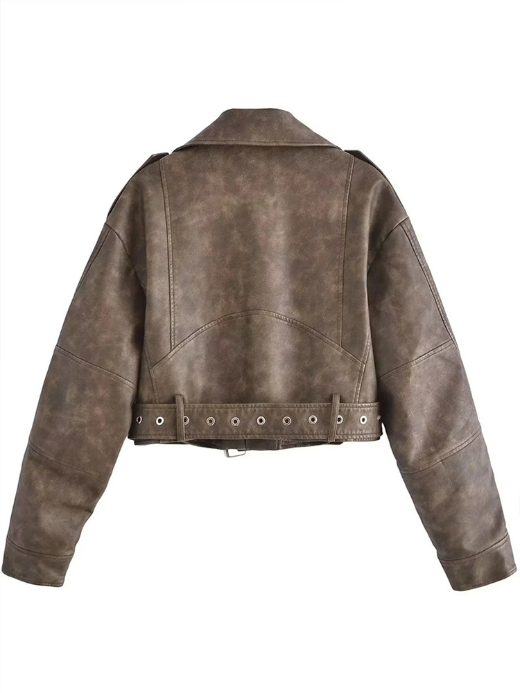 Suninheart Gradient Leather Jacket Women Vintage Turn Down Collar Belt Zipper Short Coat Autumn Female Casual Chic Clothes