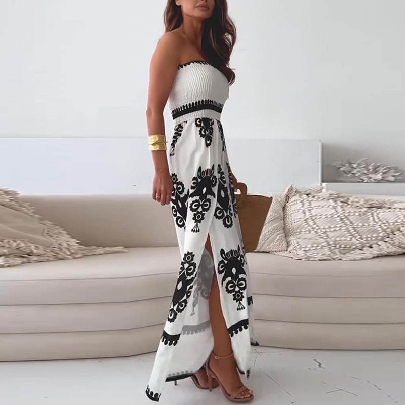 Elegant Pattern Printed High Waist Split Dress Lady Sexy Strapless Pleated Party Dress New Fashion Off Shoulder Slim Long Dress