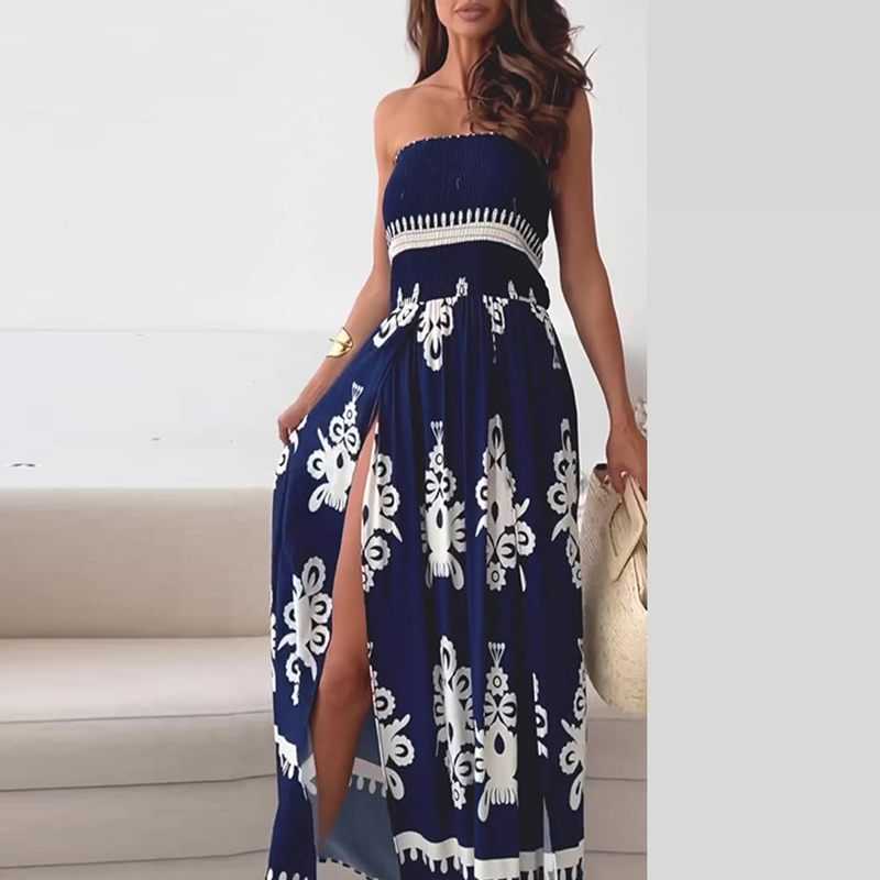 Elegant Pattern Printed High Waist Split Dress Lady Sexy Strapless Pleated Party Dress New Fashion Off Shoulder Slim Long Dress