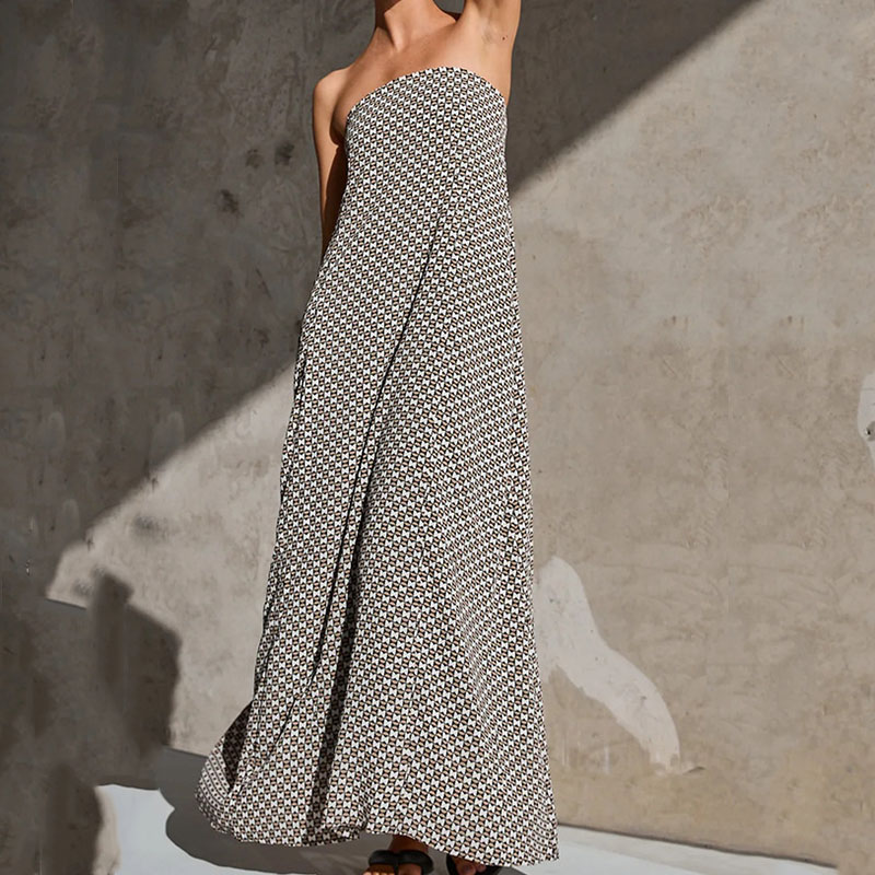 Elegant Pattern Printed Holiday Dress Fashion Strapless High Waisted Long Dress Women Casual Off Shoulder Pleated Bohemian Dress
