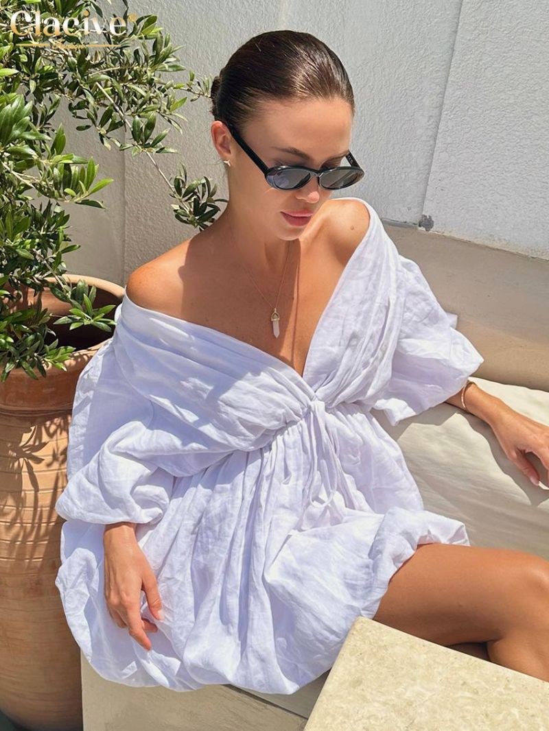 Clacive Summer Loose White Cotton Women's Dress Casual V-Neck Short Sleeve Mini Dresses Elegant Classic High Waist Female Dress