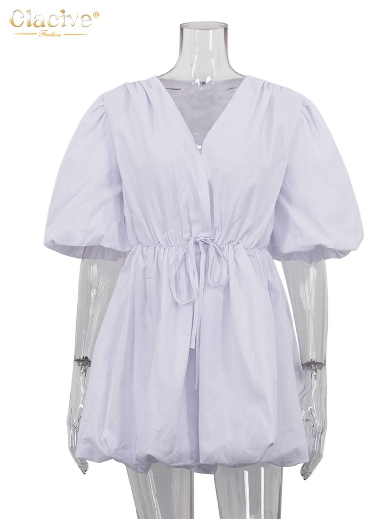 Clacive Summer Loose White Cotton Women's Dress Casual V-Neck Short Sleeve Mini Dresses Elegant Classic High Waist Female Dress