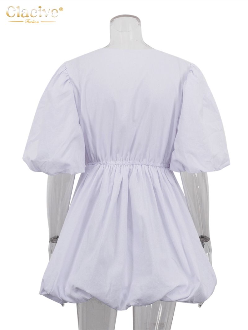 Clacive Summer Loose White Cotton Women's Dress Casual V-Neck Short Sleeve Mini Dresses Elegant Classic High Waist Female Dress