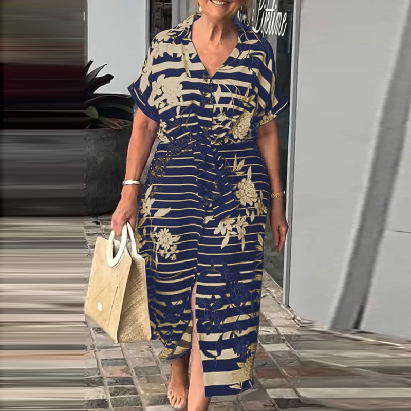 Women Clothing Printed Commuter Dress Vintage Lapel Single Breasted Split Shirt Dress Fashion Short Sleeved Lace Up Long Dresses