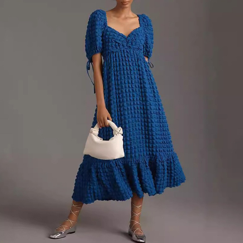 Elegant Lady V Neck High Waist Banquet Dress Casual Lace Up Puff Sleeve Holiday Dress 2024 Fashion Solid Pleated Commuting Dress