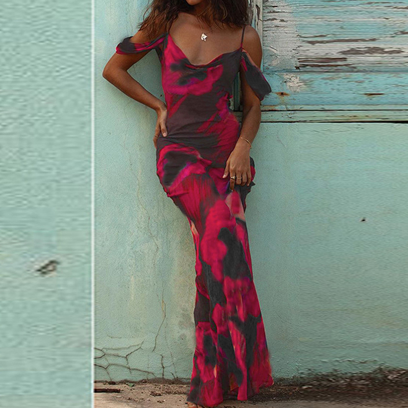 Fashion Hollow Beach Long Dress for Women Vintage Pattern Printed Slim Party Dress Casual Bohemian Off Shoulder High Wiast Dress