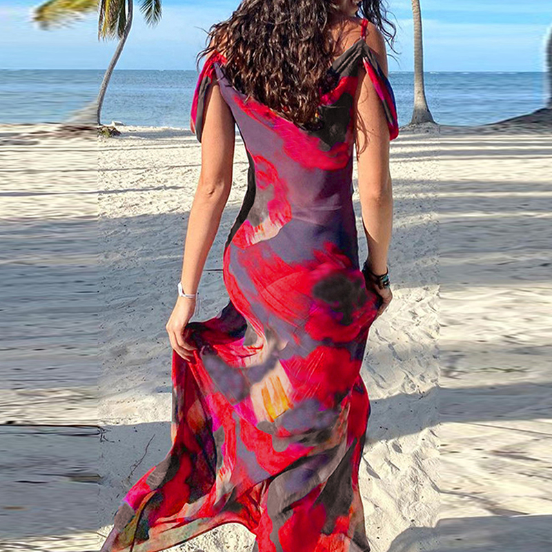 Fashion Hollow Beach Long Dress for Women Vintage Pattern Printed Slim Party Dress Casual Bohemian Off Shoulder High Wiast Dress