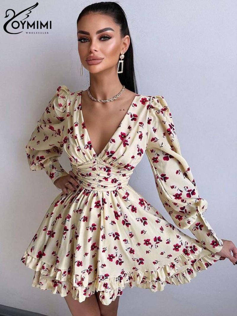 Oymimi Fashion Black Print Womens Dresses Elegant Deep V-Neck Open Back Long Sleeve Dresses Casual Cascading Ruffled Mini Dress