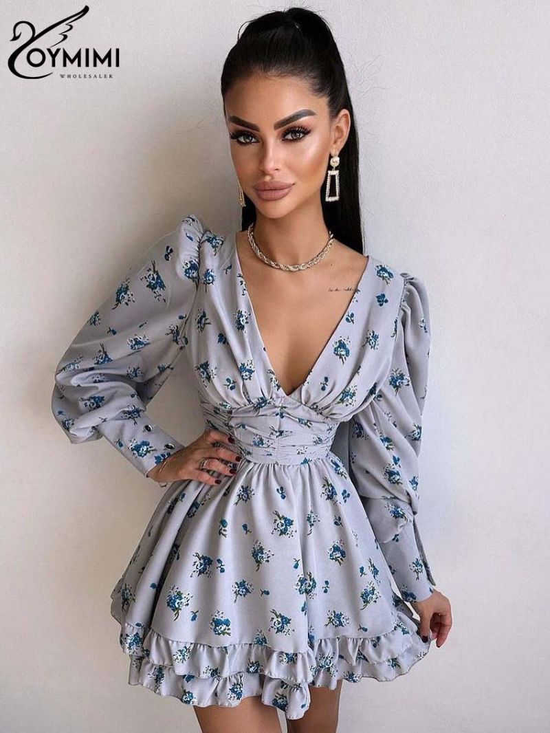 Oymimi Fashion Black Print Womens Dresses Elegant Deep V-Neck Open Back Long Sleeve Dresses Casual Cascading Ruffled Mini Dress